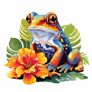 Rana tropicale blu-arancione in formato JPEG da 32 pollici con foglie di ibisco e palma dai colori vivaci, arte di animali esotici della giungla, clipart JPG colorata per lavori artigianali e stampe.