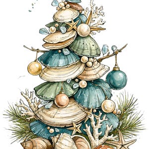 May include: A decorative tree sculpture constructed from layered seashells in shades of teal, beige, and white. The tree is adorned with small round ornaments, starfish, coral branches, and pearls, topped with a single star, resting on a base of shells.