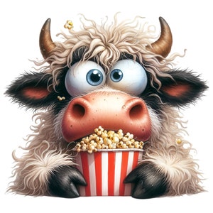 Mucca di fumetti che mangia popcorn clipart, 10 PNG divertenti animali da fattoria illustrazione cartone animato, sublimazione, diario spazzatura, immagini stampabili