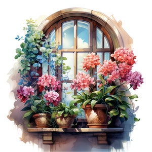 Könnte beinhalten: Ein Aquarellgemälde eines Fensters mit rosa und weißen Blumen in Töpfen auf einer Fensterbank. Das Fenster ist geöffnet und die Sonne scheint hindurch.