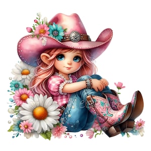 10 jolies cow-girl PNG en chapeau rose et bottes PNG, clipart Western Girl, fond Floral, Art Country Style, téléchargement numérique