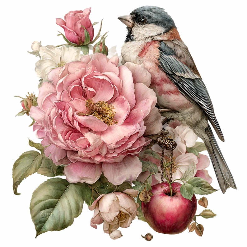 May include: Watercolor illustration of a bird perched on a bouquet of pink roses and white flowers. A red apple hangs from a chain. The bird has blue, gray, and pink feathers. Green leaves and buds complete the floral arrangement.