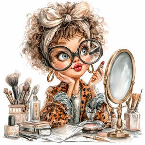 May include: Watercolor illustration of a woman with curly hair, large glasses, and a leopard print jacket applying lipstick. Makeup brushes, perfume, and a mirror are on the vanity. The image has a whimsical, artistic style.