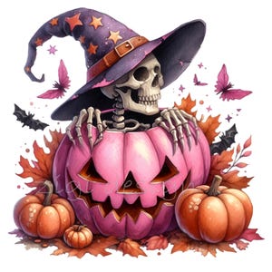 12 Scheletri di Halloween rosa in zucca PNG - Clipart di cappello da strega con foglie autunnali, pipistrelli e farfalle - Arte di sublimazione autunnale spettrale