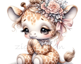 12 PNG Baby Giraffe Flower Crown Nursery Clipart Digital