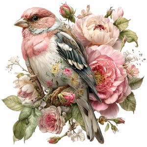 May include: A watercolor illustration of a bird with pink and white feathers perched on a branch, surrounded by pink and cream-colored roses and green leaves. The bird's body is adorned with floral patterns.