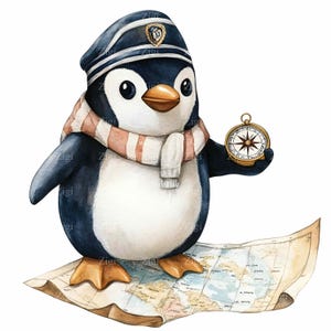 20 JPEG süße Sailor Pinguin Clipart, Nautische Abenteuer Illustration, Kompass und Karte Digitale Kunst JPG Download