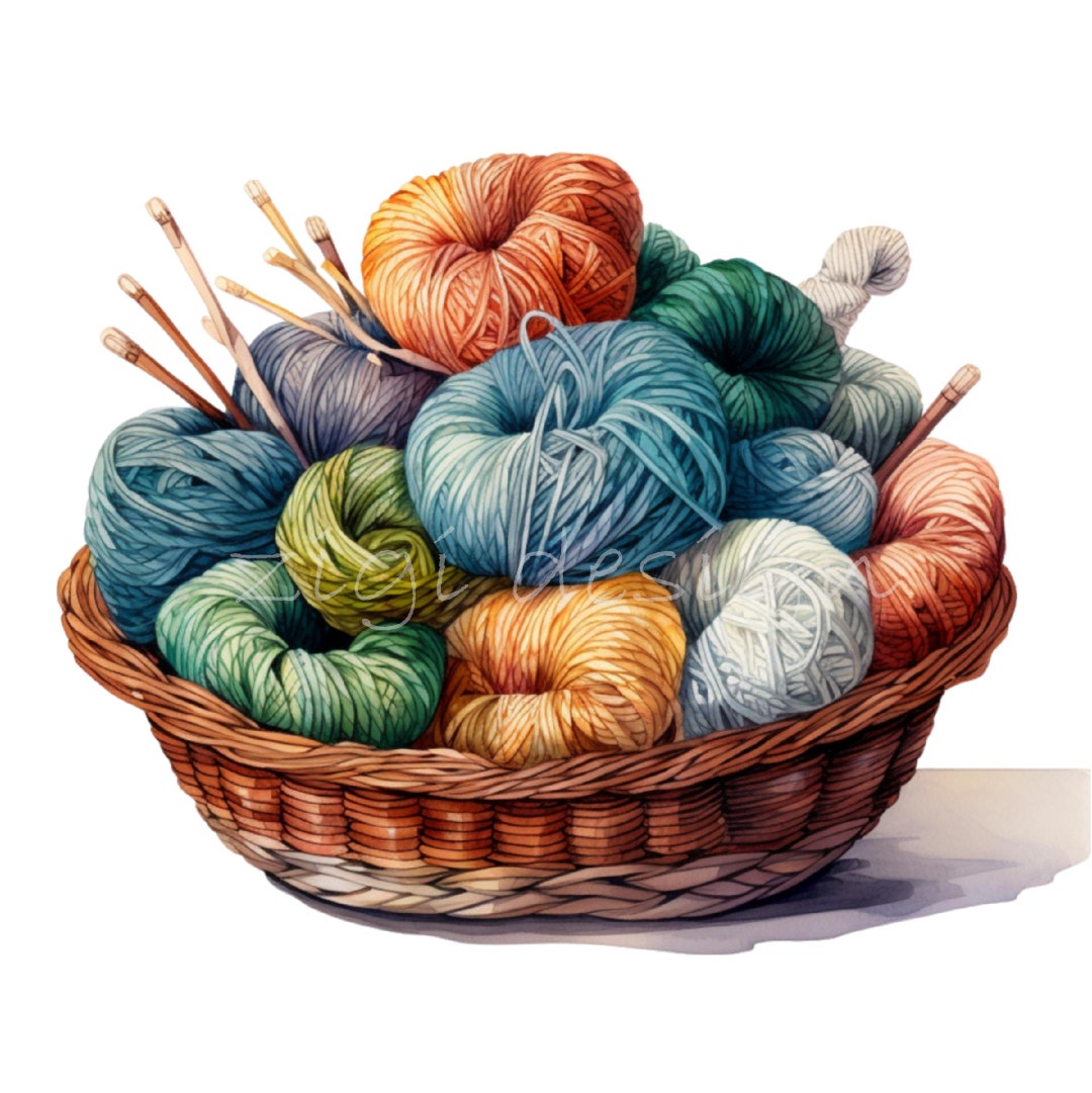 20 PNG Watercolor Yarn Basket Clipart, Knitting Crochet Illustration ...