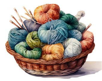 20 PNG Watercolor Yarn Basket Clipart, Knitting Crochet Illustration Maker