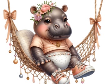 15 imágenes prediseñadas PNG de hipopótamos bebés, gráficos de guardería con temática de safari, diseño floral de animales en hamaca.