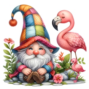 12 PNG Clipart de Gnomo Tropical - Ilustração PNG de Flamingo - Arte de Jardim de Verão para Crianças, Decoração de Berçário, Sublimação e Artesanato