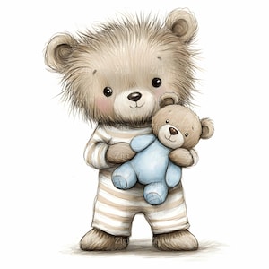 16 JPEG Lindo oso esponjoso sosteniendo un juguete de peluche Clipart - Adorable animal de guardería - Arte pastel suave JPG