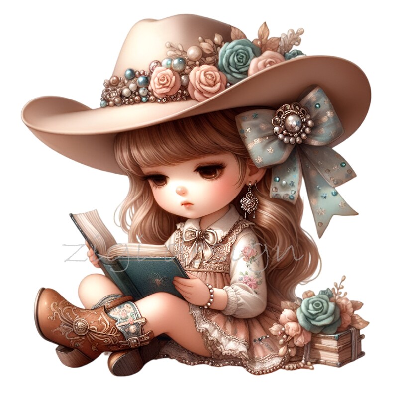 May include: A young girl with long brown hair wears a wide-brimmed hat with floral embellishments and a blue bow. She is sitting and reading a blue book with a gold design. She is wearing a floral dress and brown cowboy boots.
