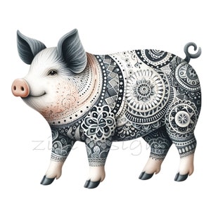 12 PNG Mandala pig clipart – Decorative PNG illustration – Farm animal art for prints, adult coloring, rustic designs