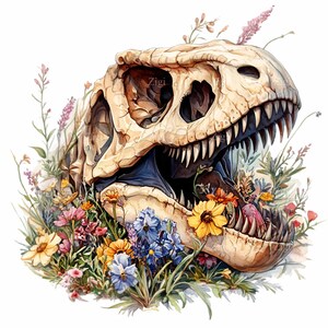15 imágenes prediseñadas de calavera de dinosaurio floral PNG, arte digital prehistórico con flores, ilustración caprichosa de dinosaurio