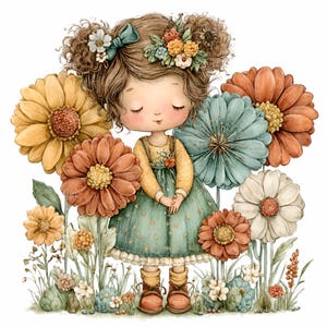 Könnte beinhalten: Eine Aquarellillustration eines jungen Mädchens, umgeben von großen, bunten Blumen. Sie trägt ein grünes Kleid, ein gelbes Oberteil und braune Stiefel. Ihr Haar ist mit Blumen und einer grünen Schleife geschmückt. Die Blumen sind in Gelb-, Orange-, Blau- und Weißtönen gehalten.