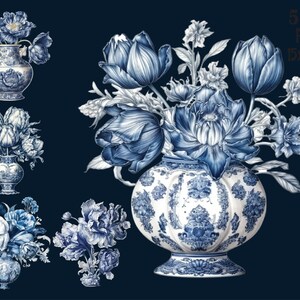 Delft Blue Clipart PNG Watercolor Cottage Farm Floral Vase Sublimation ...