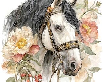 15 PNG Watercolor Horse, Floral White Stallion Clipart