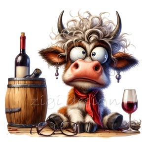 Comics Kuh trinkt Wein 12 PNG Weingut Fass Lustige Cartoon Illustration Clipart, Sublimation, Junk Journal, Kartenherstellung, Bilder zum ausdrucken