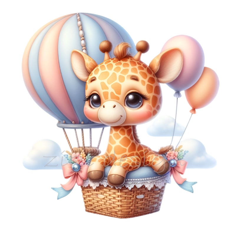 May include: A cute giraffe with big eyes sits in a wicker basket attached to a hot air balloon. The balloon is pink, blue, and white with a floral design. The giraffe is wearing a blue and white patterned bow.