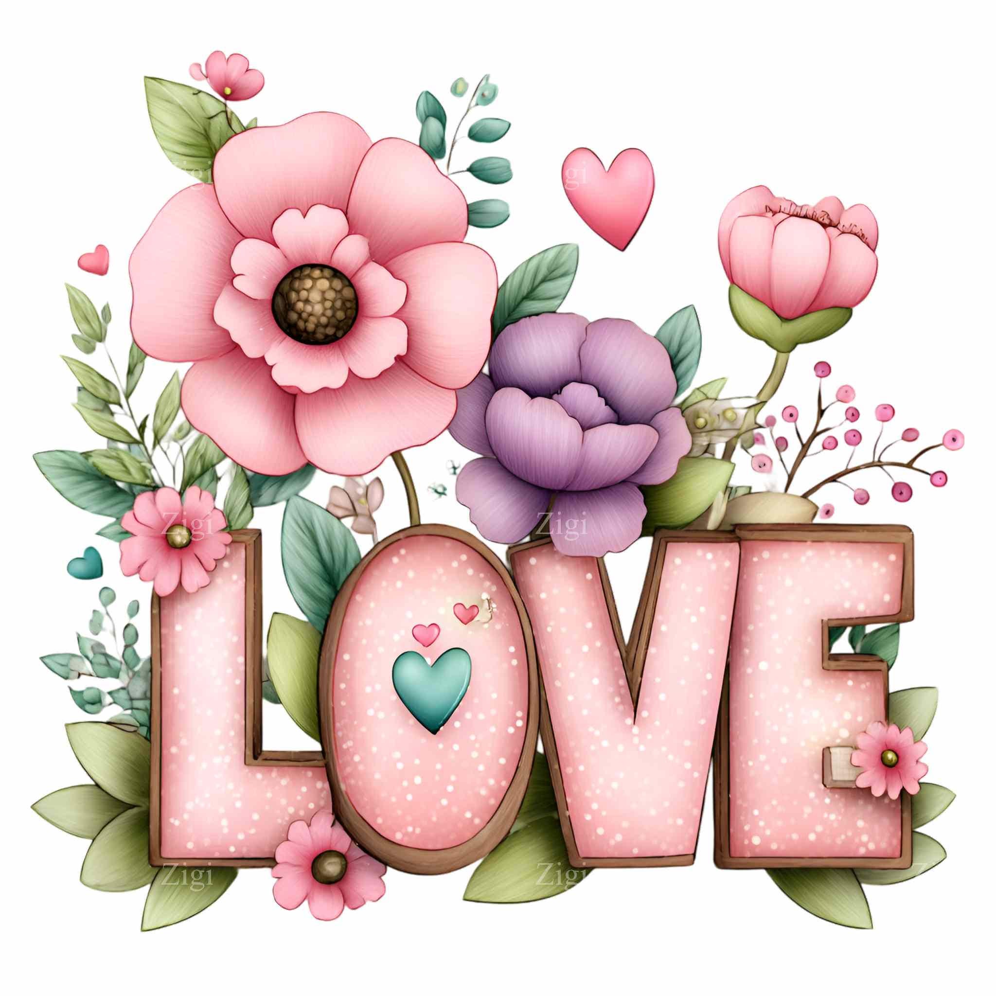 12 PNG Floral LOVE Clipart – Romantic Flower Letters PNG for Valentine ...