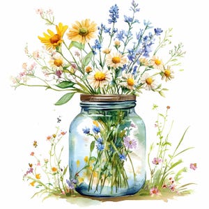 32 JPEG メイソンジャーの野生の花のクリップアート JPG – デイジーとラベンダーの花束のイラスト – 装飾と工芸品のためのカントリー フローラル アート