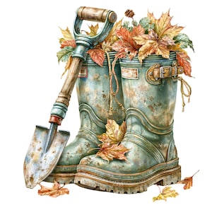 May include: A watercolour illustration featuring teal wellington boots filled with autumn leaves. A weathered shovel rests against the boots. The boots have buckles and rope details, and the leaves are in shades of red, orange, and yellow.