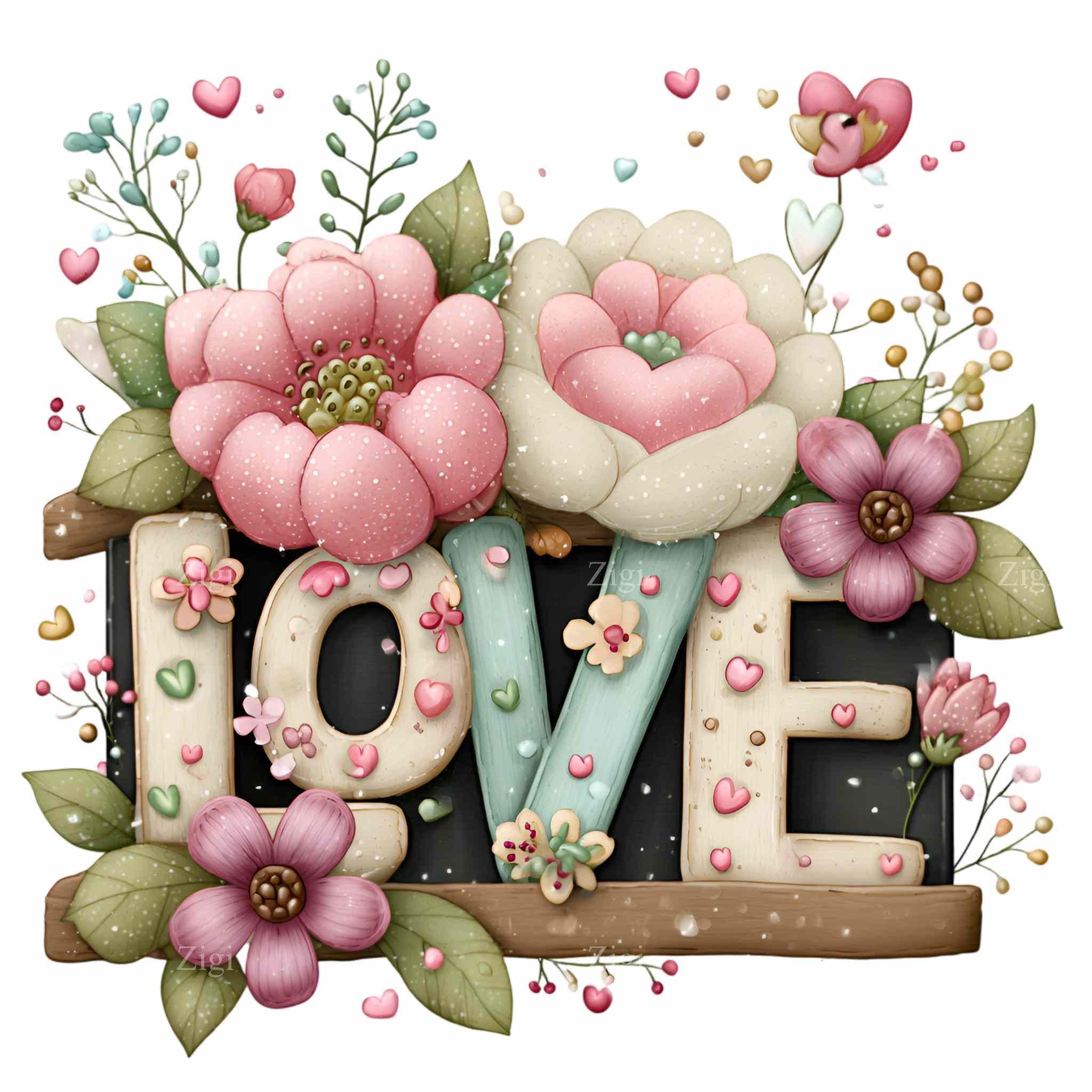 12 PNG Floral LOVE Clipart – Romantic Flower Letters PNG for Valentine ...