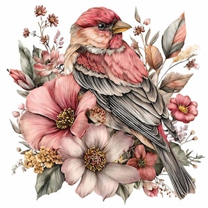Könnte beinhalten: Aquarellillustration eines Vogels mit rosa und grauen Federn, der inmitten rosa und pfirsichfarbener Blumen und Blätter sitzt. Der Vogel hat einen gelben Schnabel und ist von detaillierten floralen Elementen umgeben.