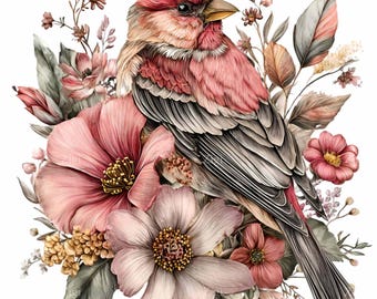 14 PNG Watercolor Bird Clipart, Vintage Finch Floral Art, Pink Flower Sublimation