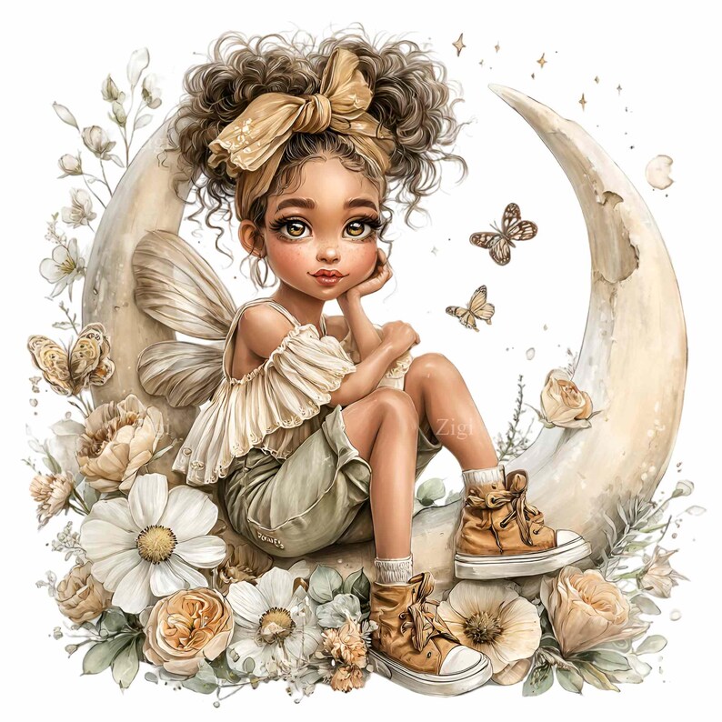 May include: An illustration of a young fairy girl with brown skin, curly hair, and a yellow bow, sitting on a crescent moon. She wears a cream-colored top, green shorts, and brown sneakers. Butterflies and flowers surround her, creating a whimsical scene.