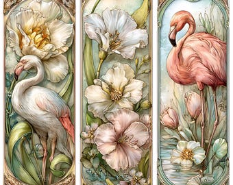 11 PNG Art Nouveau Flamingo Floral Panels, Vintage Bird Bookmark Clipart, Craft