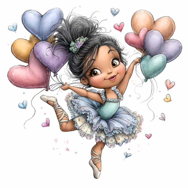 May include: A cartoon illustration of a young ballerina holding heart-shaped balloons. She wears a light blue tutu and ballet shoes. The balloons are various colors, including pink, purple, and gold. Small heart-shaped balloons float around her.
