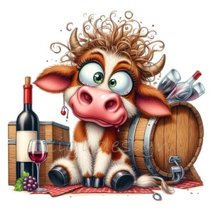 BD vache buvant du vin PNG vignoble tonneau drôle de bande dessinée illustration clipart, sublimation, journal indésirable, fabrication de cartes, images imprimables