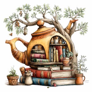 May include: Watercolor illustration of a whimsical teapot-shaped bookshelf, filled with books of various colors. A tree grows through the teapot, with birdhouses and leaves. A stack of books forms the base, with small plants and a pitcher.