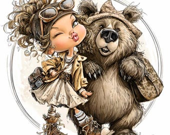 14 PNG Adventure Girl with Bear Clipart, Child Fashion City Sublimation