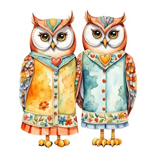 15 cliparts PNG couple hibou mignon, oiseaux colorés en manteaux avec coeurs et fleurs, téléchargement animal automne lunatique