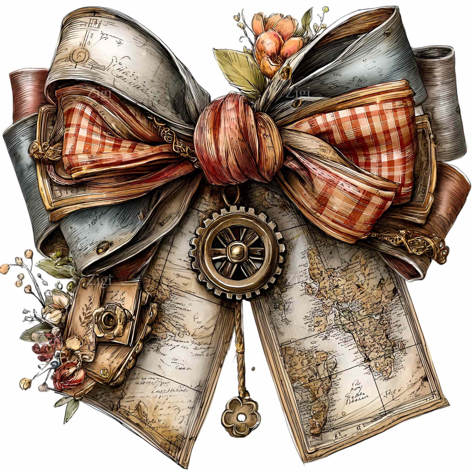 Steampunk Ribbon 10 PNG Steampunk Map Bow – Vintage Ribbon PNG Clipart – Watercolor ...