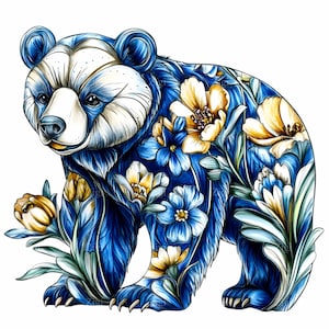 10 PNG clipart de oso floral azul – oso de acuarela PNG – arte animal de sublimación para decoración de guardería, habitación infantil o temas de flores silvestres