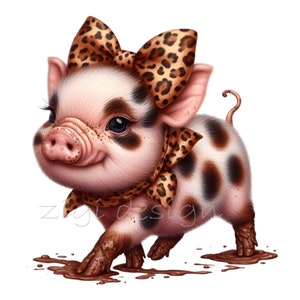 12 imágenes prediseñadas de cerditos, cerdo moteado con lazo de leopardo y patas embarradas, descarga digital para decoración de granjas