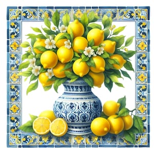 Vaso blu e bianco con bouquet di limoni Clipart acquerello / 10 arte di agrumi mediterranei con bordo piastrellato PNG