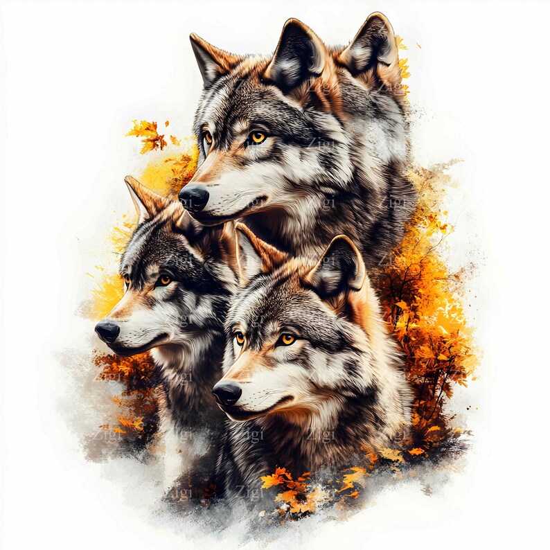 19 JPG Majestic Wolf Pack Golden Forest Illustration - Etsy