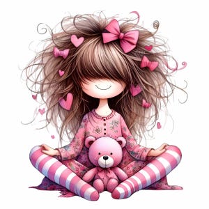 Girl with Pink Bear Clipart PNG | 15 Whimsical Bear Illustration | Cute Digital Art for Crafts