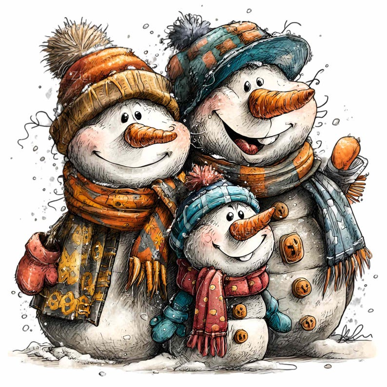 12 PNG Snowman Family Winter, Trio Holiday Christmas Party Clipart - Etsy