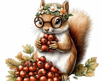 12 PNG Woodland Squirrel Clipart, Vintage Flower Crown Glasses, Junk Journal