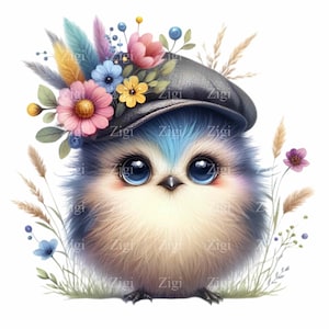 14 Clipart PNG oiseau mignon, bébé oiseau bleu moelleux avec chapeau et accents floraux, adorable art numérique Woodland