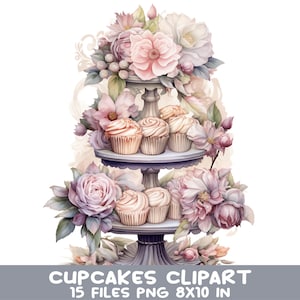 15 Floral Cupcake PNG Clipart, Elegant Vintage Cake Stand, Pastel Bakery Clipart Digital Download