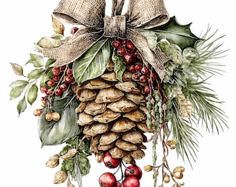 14 PNG Rustic Pinecone Clipart – PNG Red Berry Bow – Christmas Greenery Graphic for Cards, Sublimation, Farmhouse Winter Decor