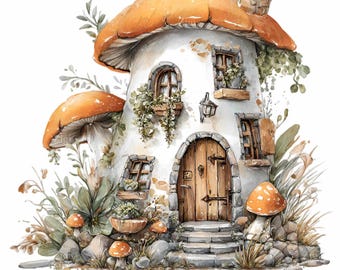 15 PNG Watercolor Mushroom House, Whimsical Forest Fairy Cottage, Garden Home Art