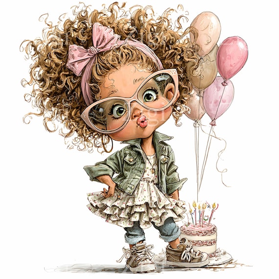 20 JPEG Birthday Girl Clipart – Curly Hair Child JPG – Cute Balloons and Cake Illustration for Party Decor, Cards and Invitations